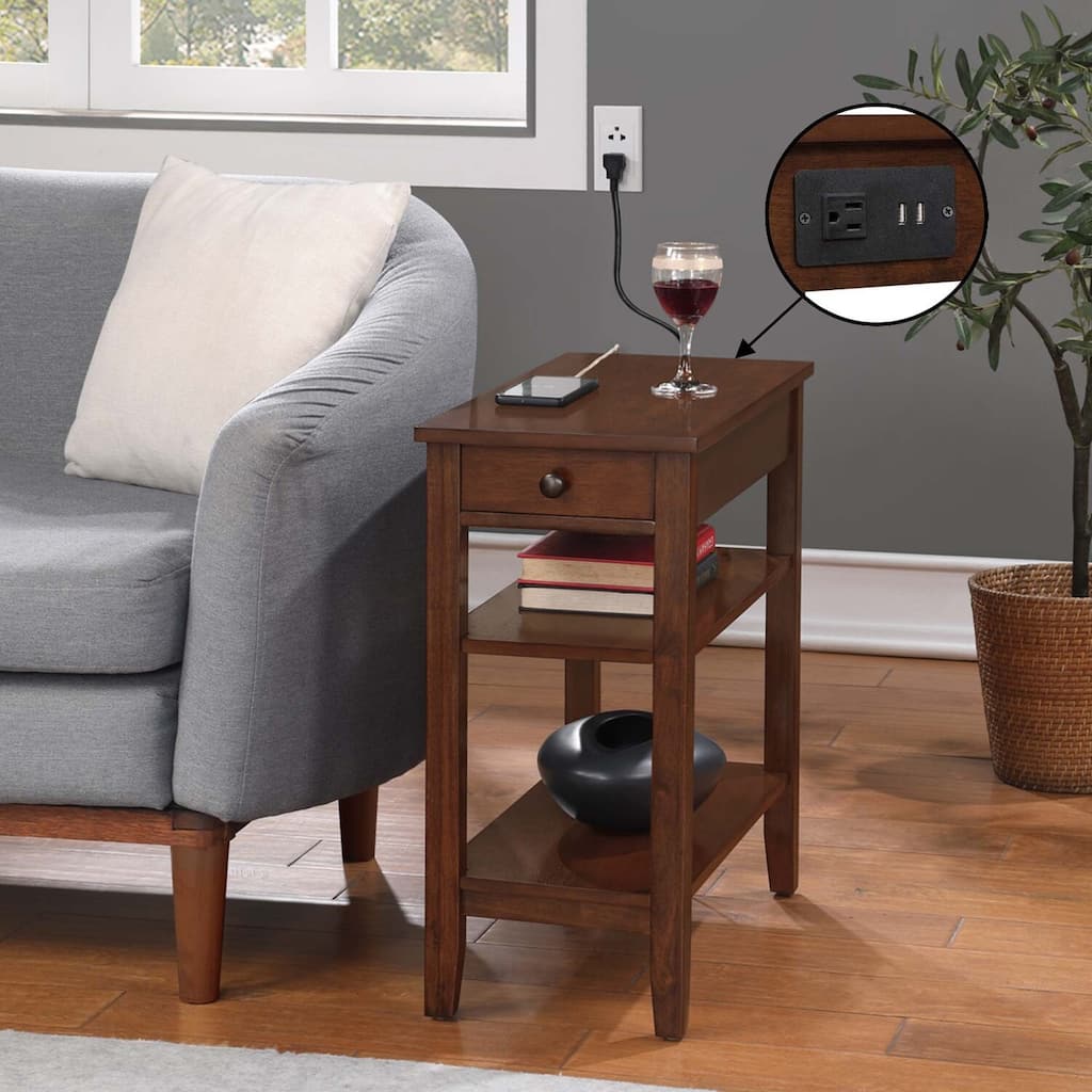 Chairside End Table with Drawer, Built-In Charging Station, USB Ports and Three Shelves, Modern Side Table for Home Storage