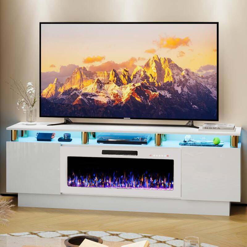 BOSSIN 70" Modern Electric Fireplace TV Stand, with Electronic Flame and LED Lights, High Gloss Finish Entertainment Center