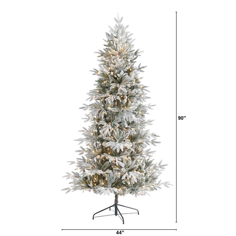 7.5’ Pre-Lit Flocked Manchester Spruce Artificial Christmas Tree, Warm Clear LED Lights - 7 Foot