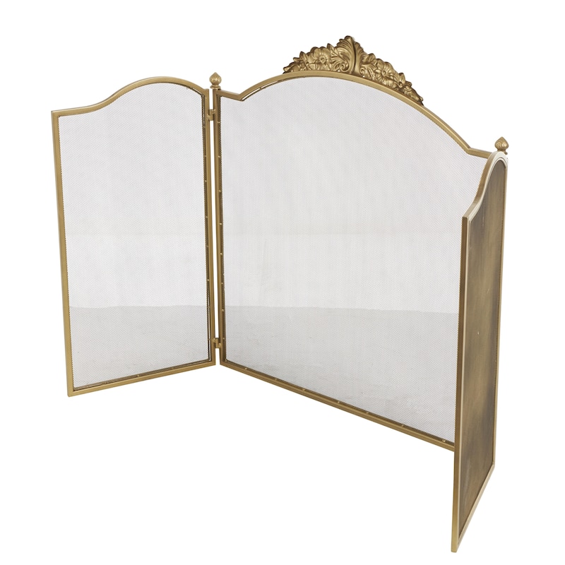 Metal Floral Ornate Antique Arched 3 Panel Fireplace Screen with Finial Accents - Gold - Roche River Decor