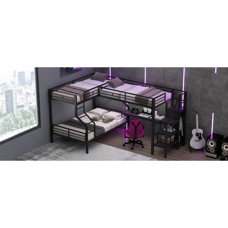 Roomfitters Twin Over Full L-Shaped Metal Bunk Bed with Integrated Desk and Storage Stairs, Heavy Duty Loft Frame, Black
