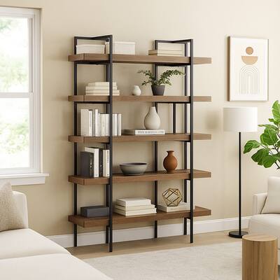 Tey Bookcase, 5 Display Shelves, Brown Mango Wood, Gray Metal Frame