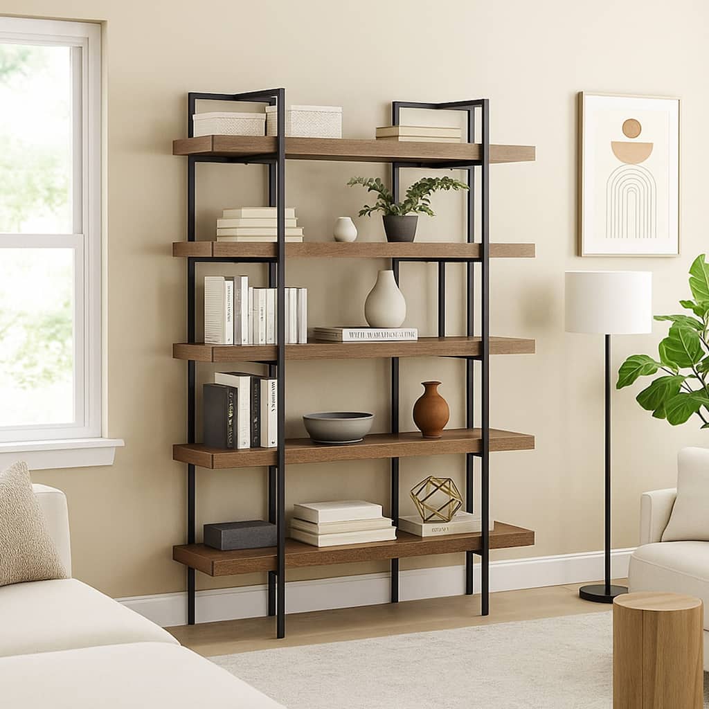 Tey Bookcase, 5 Display Shelves, Brown Mango Wood, Gray Metal Frame