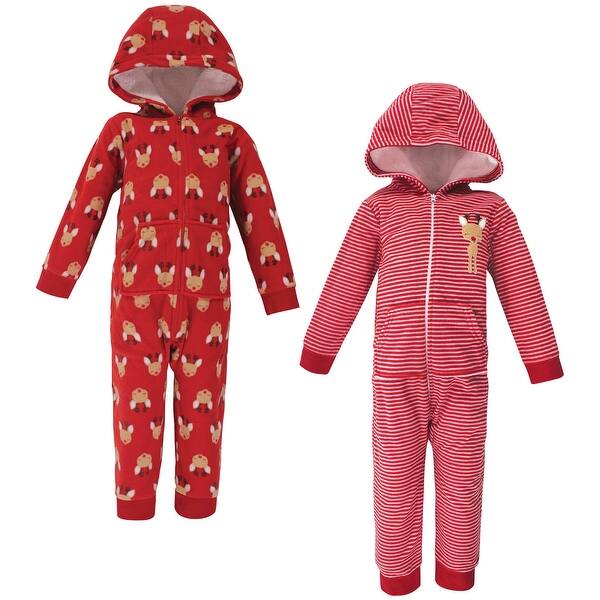 slide 1 of 1, Hudson Baby Toddler Fleece Jumpsuits, Coveralls, and Playsuits 2pk, Red Reindeer 2T - Red