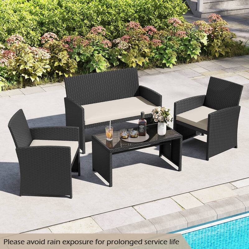 Gymax Set of 8 Patio Conversation Set w/Seat Cushions & Tempered Glass