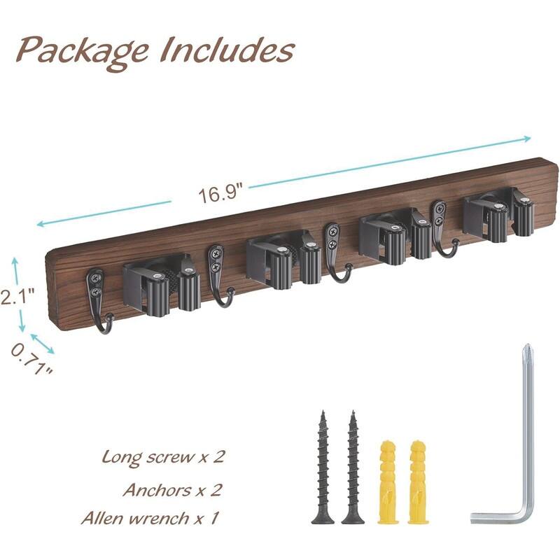 Wood Mop Broom Holder Wall Mount with 4 Slots & 4 Hooks - 1 Pack