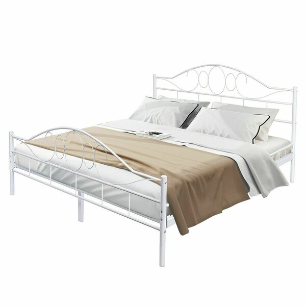 Queen Size Metal Bed Frame Wood Slats Platform With Headboard Footboard Bedroom