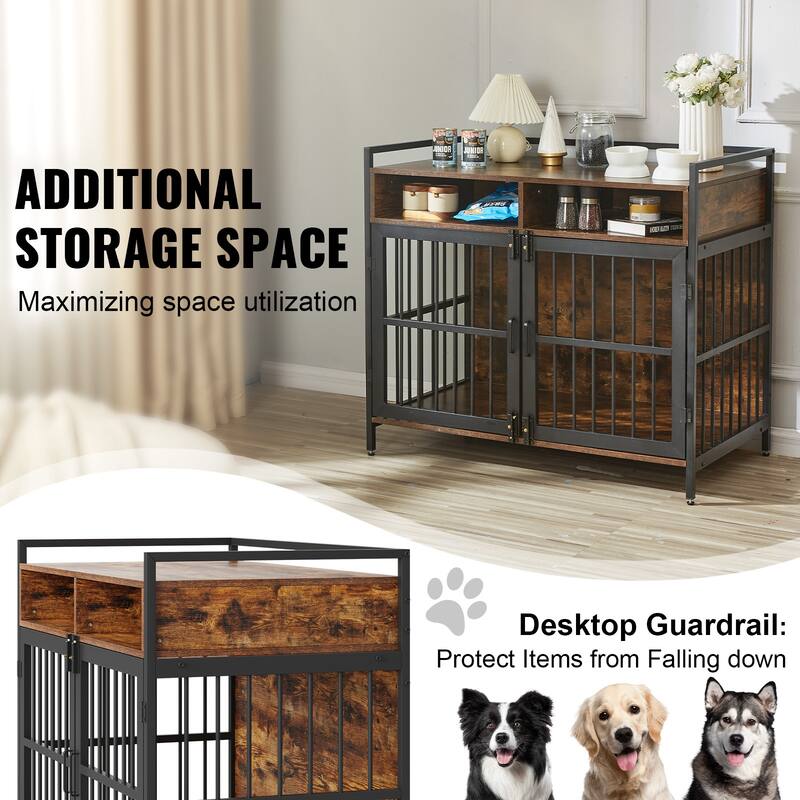 Furniture Style Dog Crate with Storage, 41 inch Dog Crate Furniture Large Breed with Double Doors, Wooden Dog Cage - 41 inch