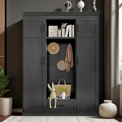 85.2 in Hall Tree with Bench & 3 Hooks, Entryway Cabinet with 4 Doors, 1 Drawer, Adjustable Shelves, 63 in Wide