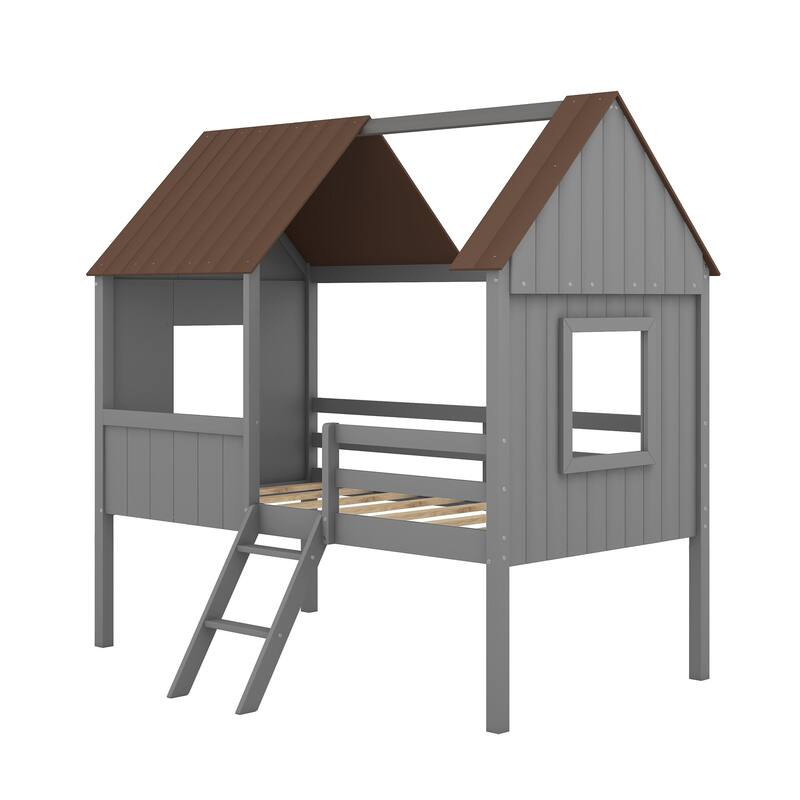 Twin Size Low Loft Wood House Bed with Two Side Windows in Gray and Brown