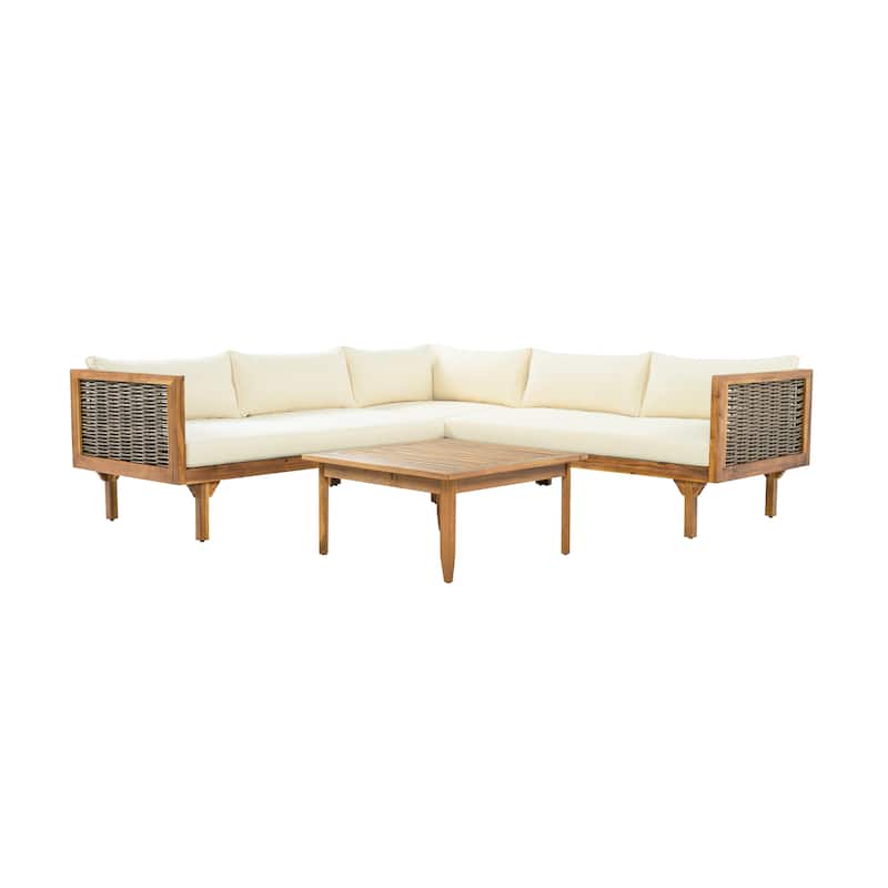 Acacia Wood Outdoor Modular Seating Set with Waterproof Cushions and Side Table Outdoor Sofa Set for Garden