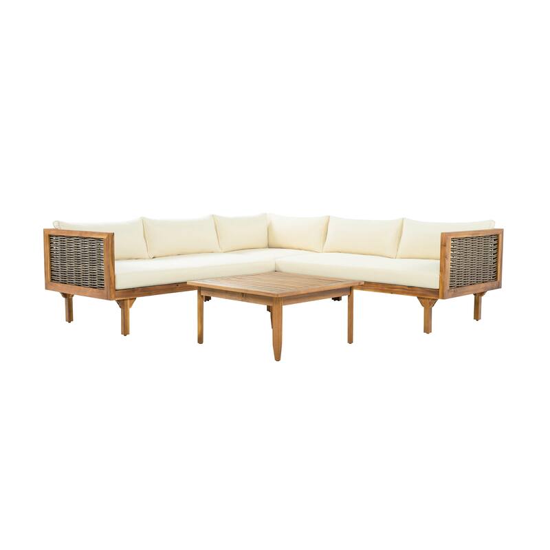 Premium Sectional Seating Group with Waterproof Cushions and Acacia Wood Frame for Outdoor Use Beige