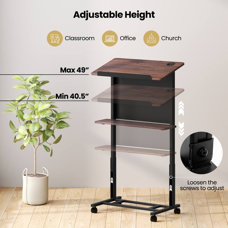 Gymax Rolling Podium Stand 40.5''-49'' Height Adjustable Lectern Table