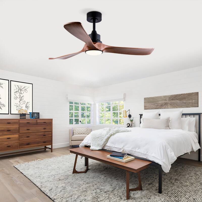 52 Inch Modern Ceiling Fan With 3 Color Dimmable 3 Solide Wood Blades Remote Control Reversible DC Motor With Led Light