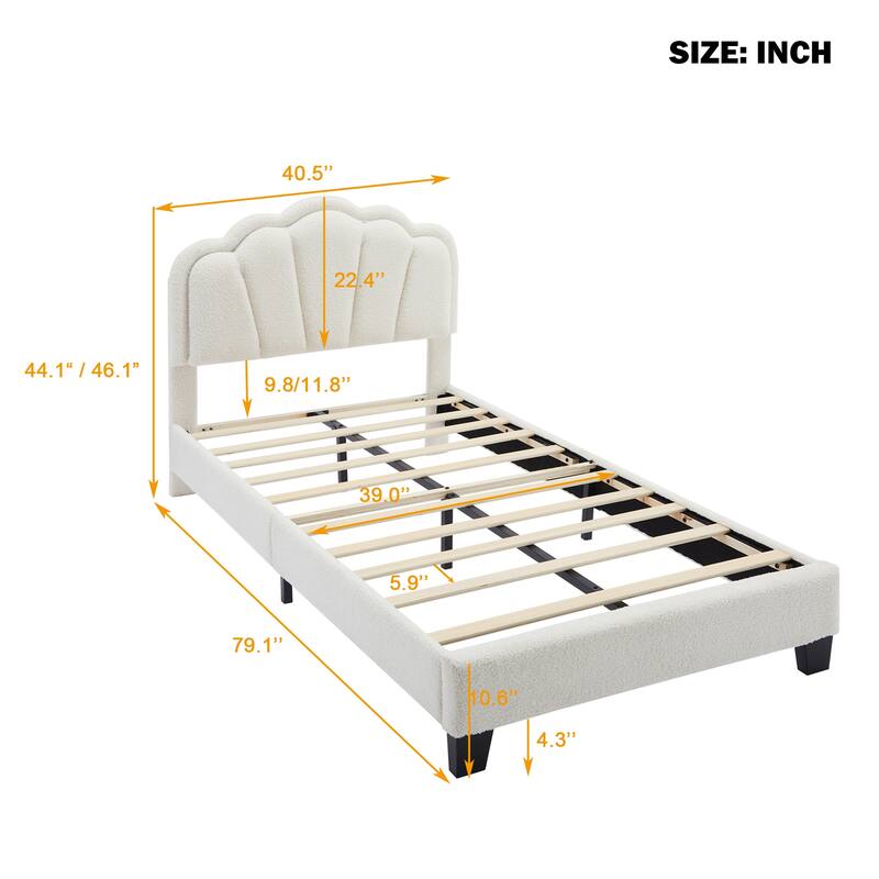 Sherpa Fabric Upholstered Platform Bed with Elegant Flowers Headboard and Wooden Slats Support