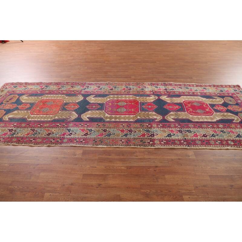 Navy Blue Meshkin Persian Vintage Runner Rug Handmade Wool Carpet - 4'3"x 11'8"