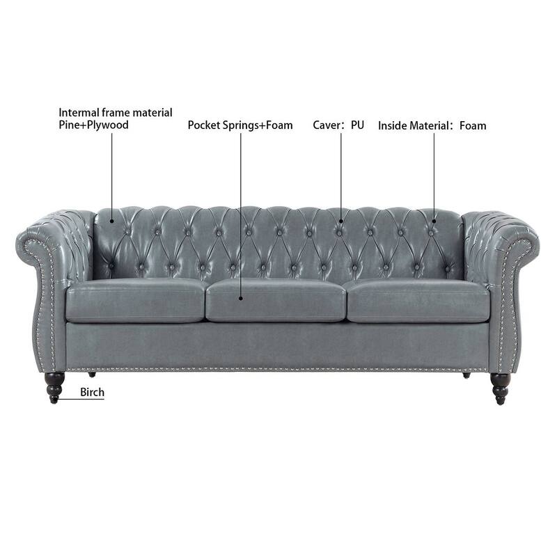 84.65" Chesterfield Tufted Faux Leather Sofa with Rolled Arms