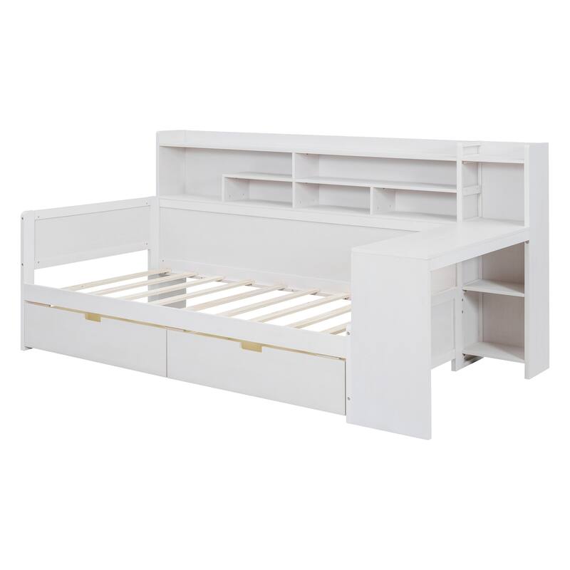 Wooden Daybed with Storage Shelves, Multi-functional Bed with Two Storage Drawers and Study Desk