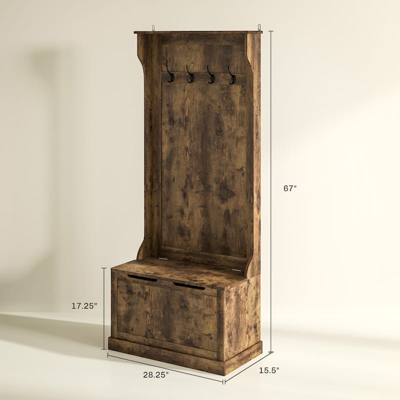 Multifunctional Hall Tree with Storage Bench, Coat Hooks & Shoe Storage MDF Wood Steel Hardware - 28.25" W x 15.5" D x 67" H