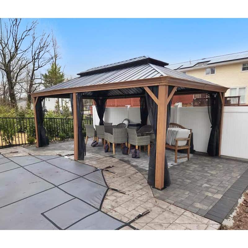 PURPLE LEAF Hardtop Gazebo Galvanized Steel Roof Gazebo Pergola Wooden Coated Alumninum Frame Wiht Mosquito Net and Light