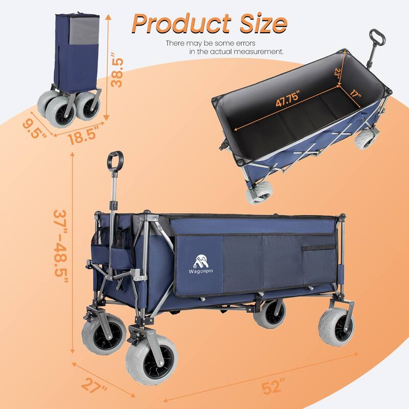 52"Extended Heavy-Duty Foldable Utility Wagon, 560lbs, Ultra-Stable Frame, 1:6 Space-Saving Fold, Portable and Collapsible