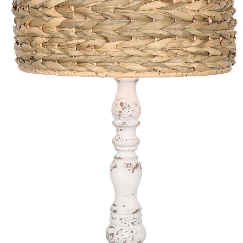1-Light White Candlestick Table Lamp Rattan Drum Shade