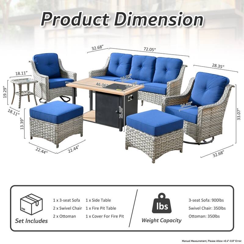 OVIOS 7 Pieces Outdoor Wicker Curved Swivel Chair Set With Fire Table