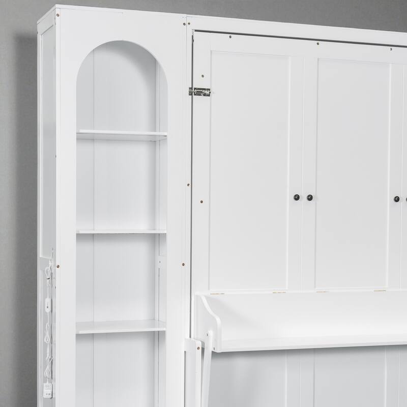 Queen Size Murphy Platform Bed with LED Shelves, Side Cabinets, Desk Panel and Storage Drawers