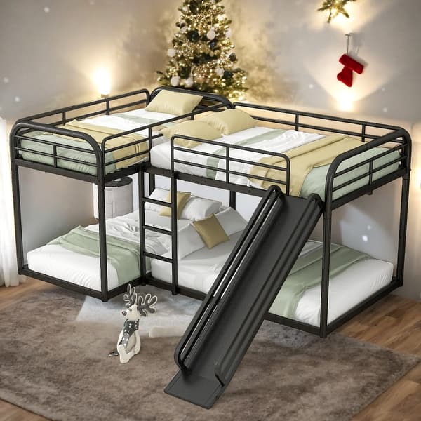 slide 2 of 18, Full And Twin Size L-Shaped Bunk Bed 4 Beds In 1 With Slide,Ladder for Home Black