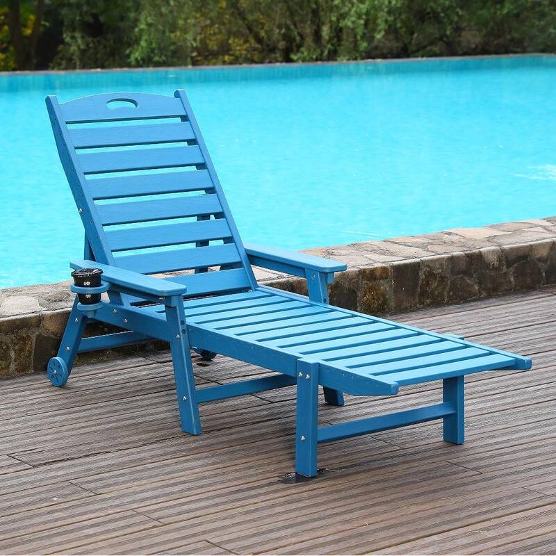 HDPE Chaise Lounge Chair Outdoor, Pool Lounge Chairs with 4-Position Adjustable Backrest, Supports Up to 400 LBS - Navy Blue