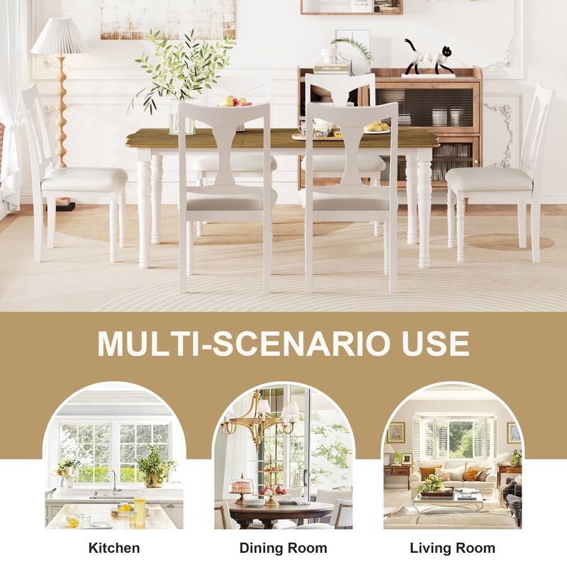 Roomfitters 7-Piece Extendable Dining Table Set, 60-78 Inch Farmhouse Wood Table with Leaf & 6 Upholstered Chairs