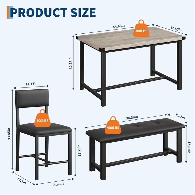 Dining Table Set for 4, Kitchen Table and 2 Upholstered Chairs with Bench