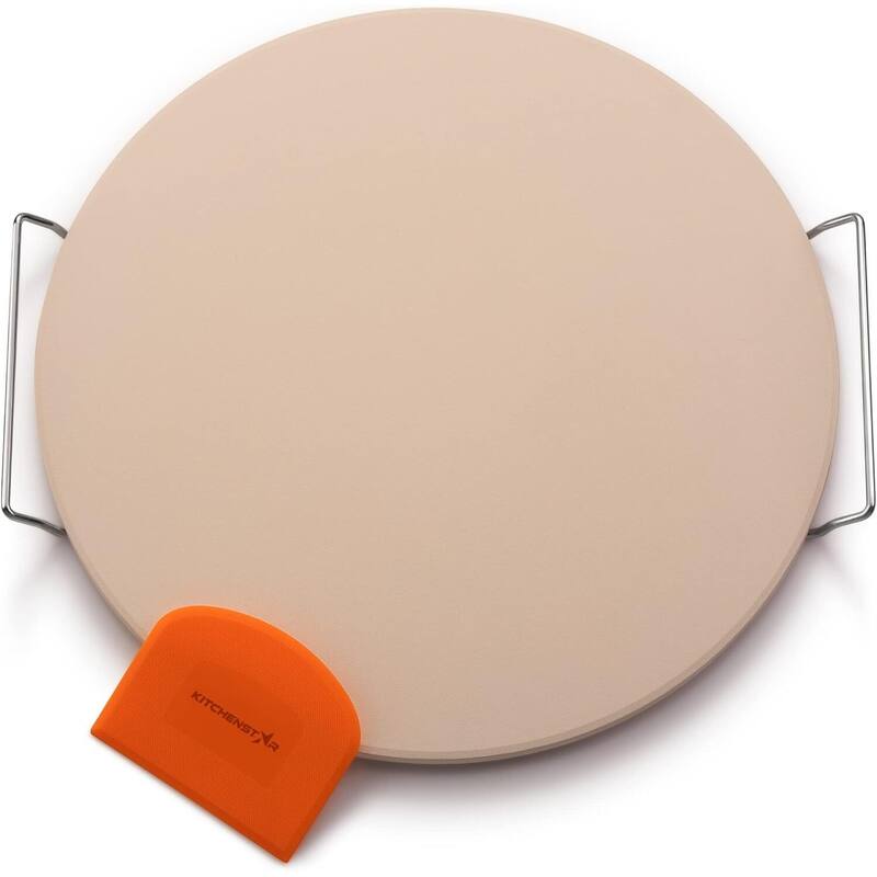 16" Pizza Stone for Oven & Grill with Handles - Natural Cordierite Baking Stone Set with SS Rack & Plastic Scraper - 16" Round - Beige