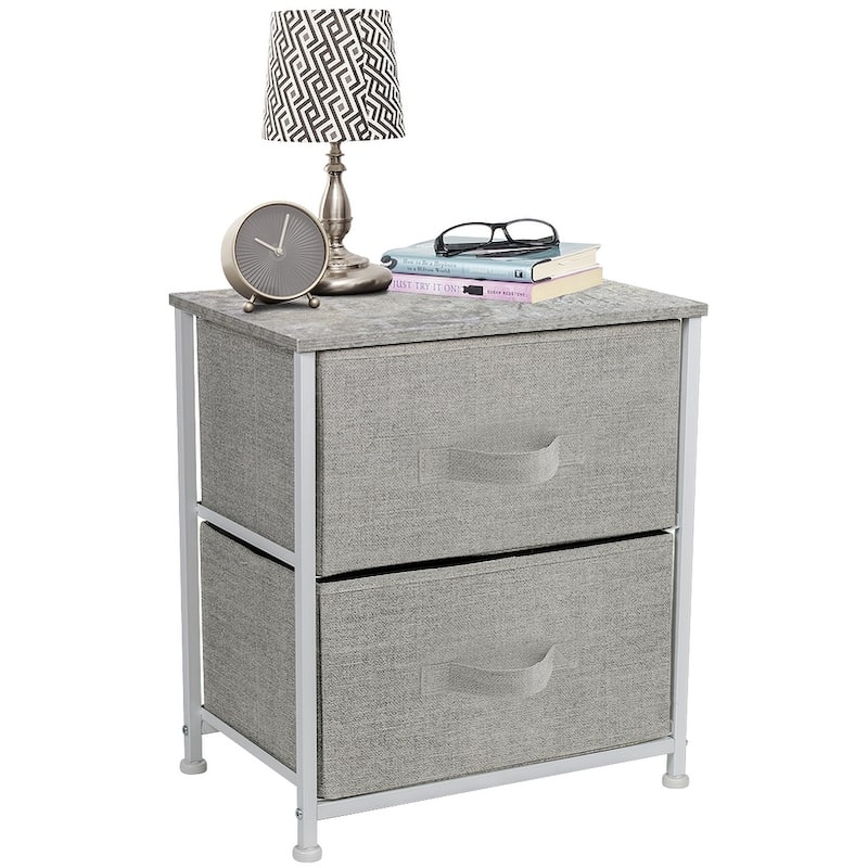 2 Drawer Nightstand Dresser Organizer Steel Frame Wood Top Fabric Bins