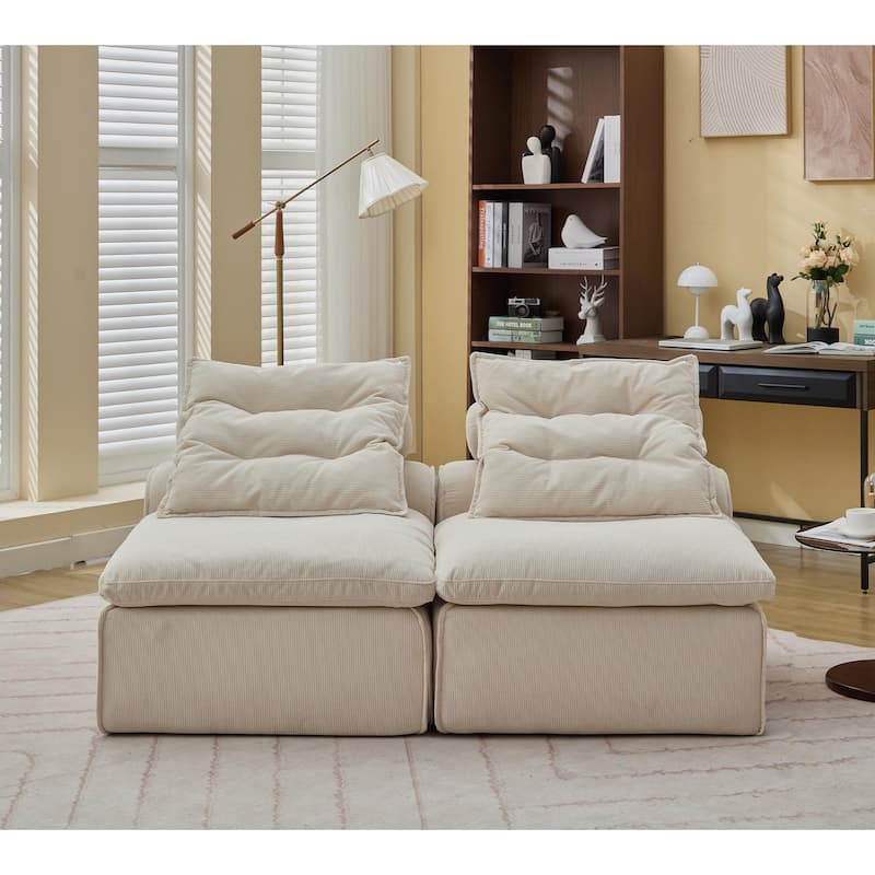 Modular 2-Seat Beige Upholstered Sofa with Neck & Lumbar Pillows, DIY Design