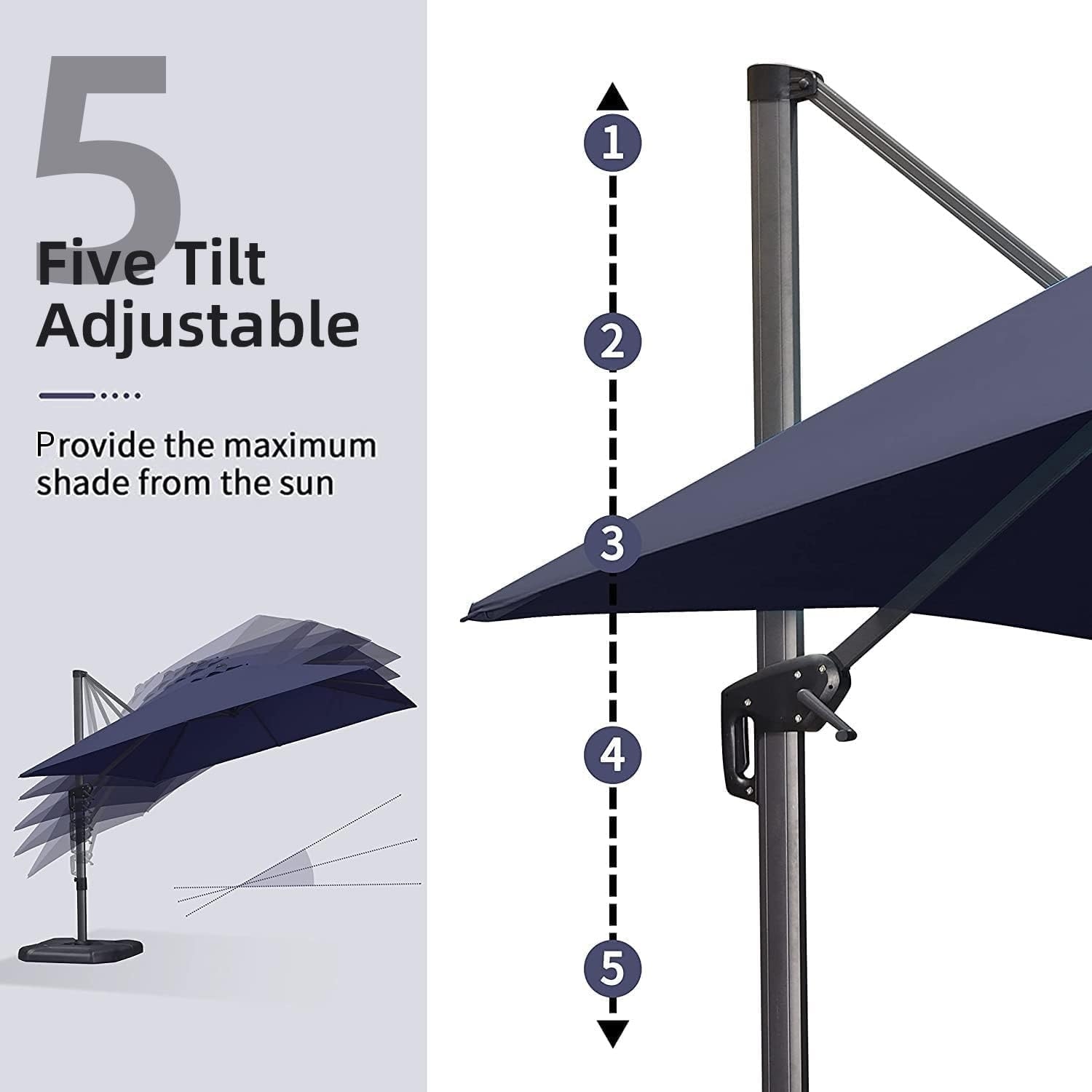 8.5-ft square offset patio umbrella SimplyShade Skye 8.6' Cantilever Umbrella; Sunbrella / Navy tune the tilt with an intuitive handle to chase or block the sun Tangkula 8x8 FT Solar Patio