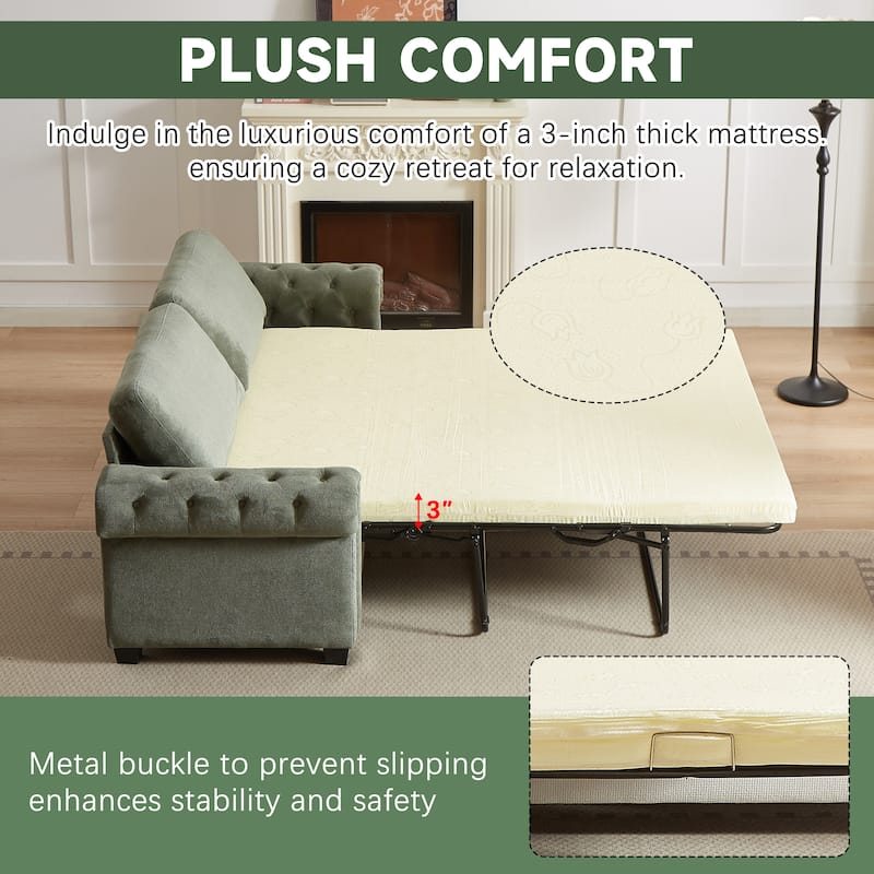 Green 83.8" 2-in-1 Polyester 3-seater Nailheads Convertible Pullout Sofa Bed with Folding Mattress for Living Room