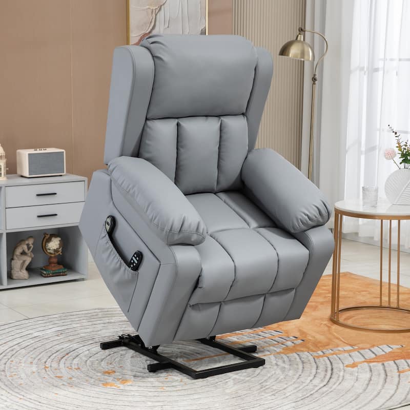 HOMCOM Electric Power Lift Chair, PU Leather Recliner Chair for Elderly with Vibration Massagge, Remote Control, Side Pockets - Grey