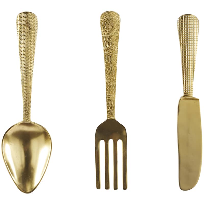 Aluminum Metal Utensils Knife, Spoon and Fork Home Wall Decor - Set of 3 Silver or Gold - Roche River Decor - Gold - 4"W, 23"H