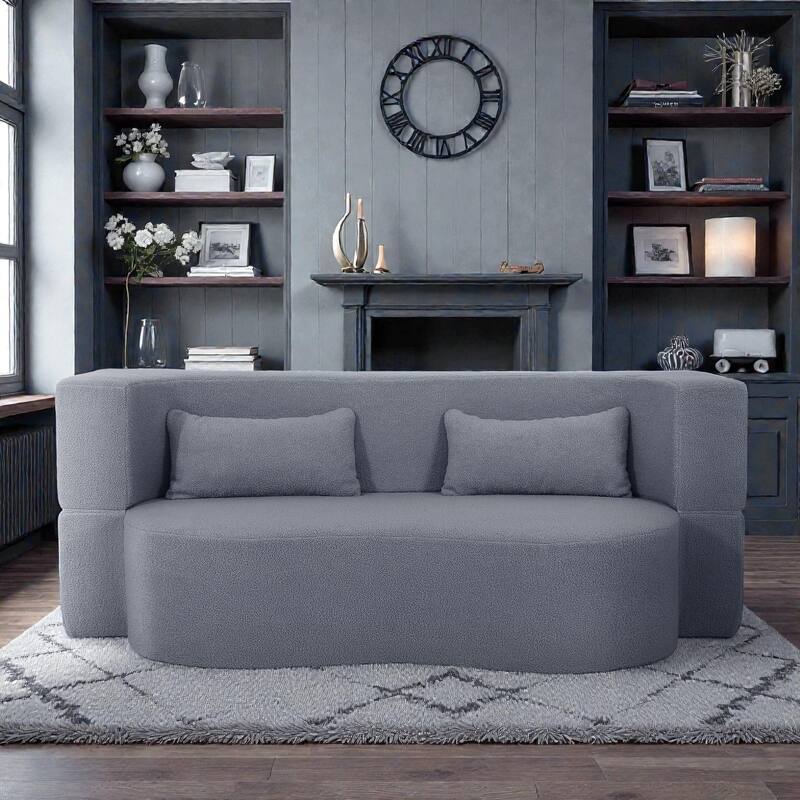 2-in-1 Convertible Full Size Sofa Bed, Teddy Loveseat with 2 Pillows, No-Assembly Floor Futon - Grey