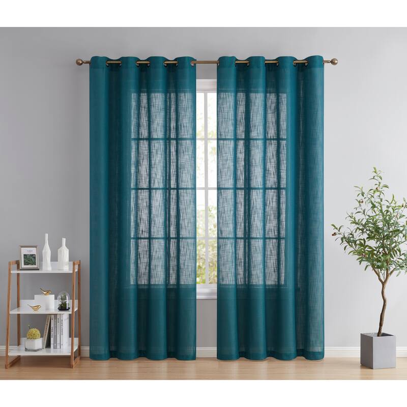 HLC.me Abbey Faux Linen Textured Semi Sheer Privacy Light Filtering Transparent Window Grommet Curtain Panels, Pair - 54 W x 84 L per panel - Set of 2 - Grey Teal