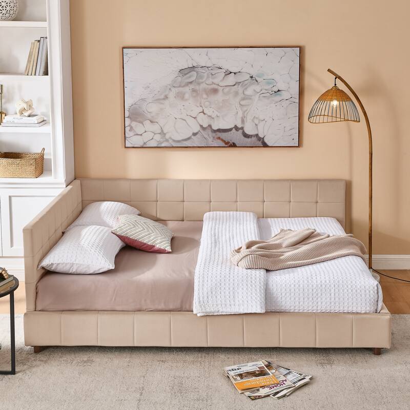 L-shaped Velvet Upholstered Daybed Tufted Sofa Bed with Soft Backrest Armrests - and Optional Corner Storage Day Bed - Pink - Queen