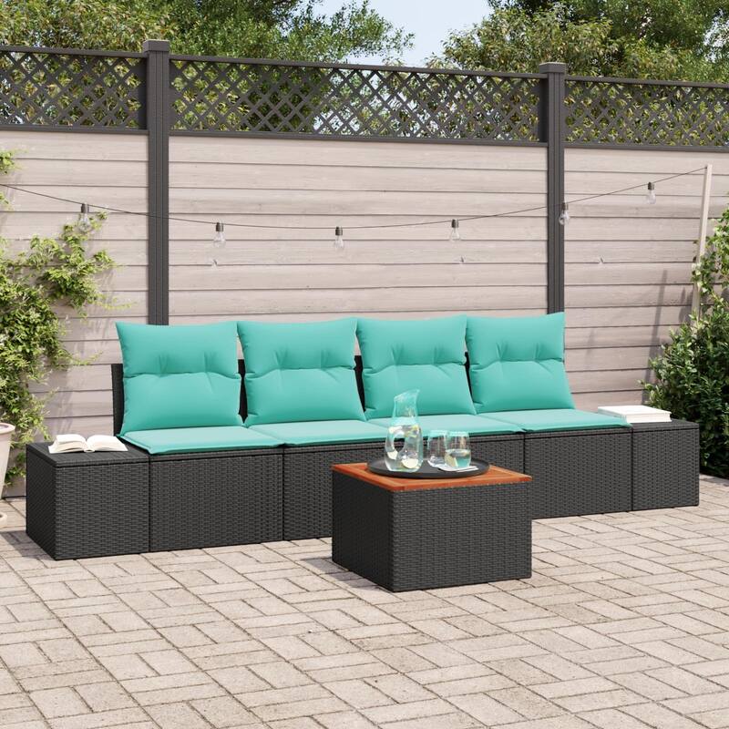 vidaXL 5 Garden Sofa Set with Cushions Black/Grey Poly Rattan - 115.7 x 24.4 x 27.2 - Black