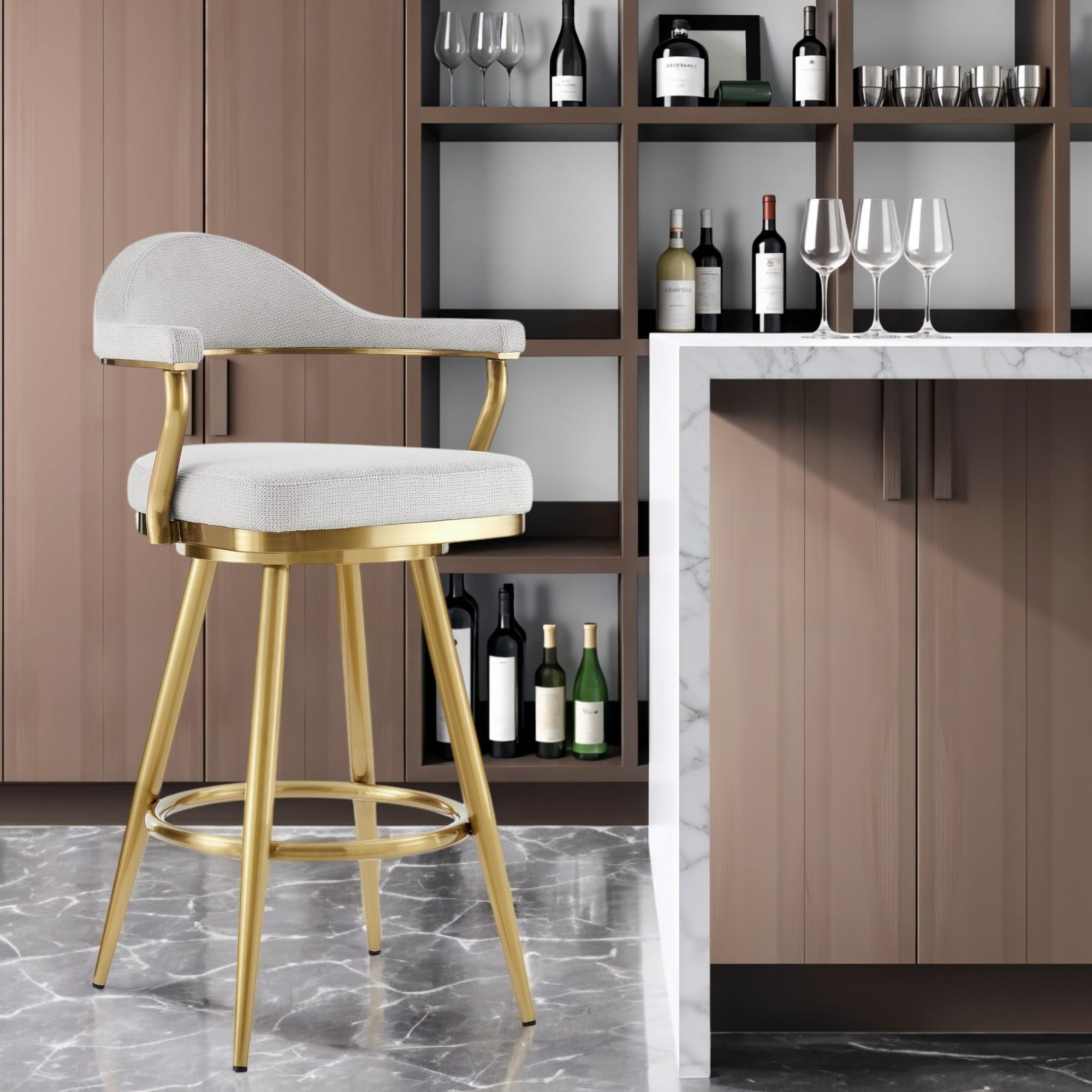 HomeRoots 30" Silver and Gold Fabric and Stainless Steel Low Back Bar Height Swivel Bar Chair