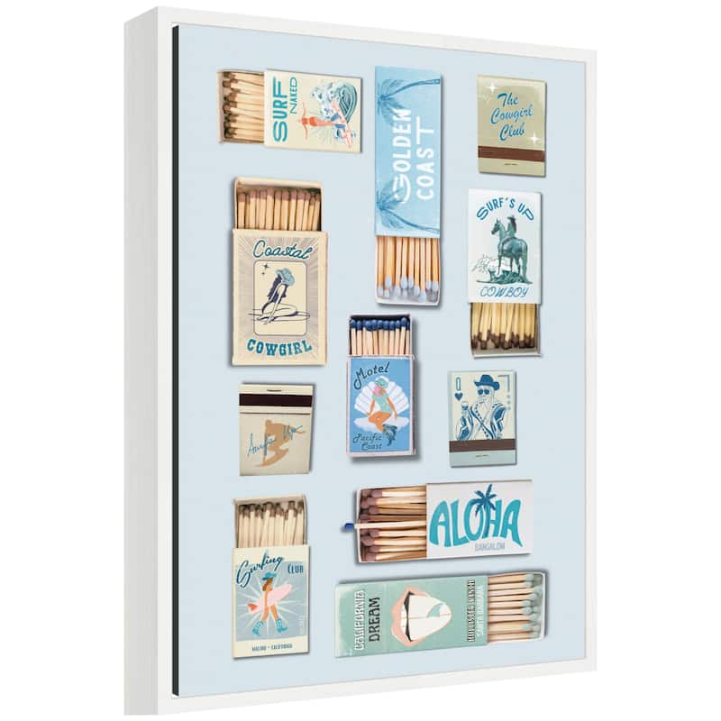 Kate and Laurel Retro Matchbox Blue Coastal Cowgirl 18x24 FC by Honey Island Studio Framed Canvas Wall Art Print - 18 x 24