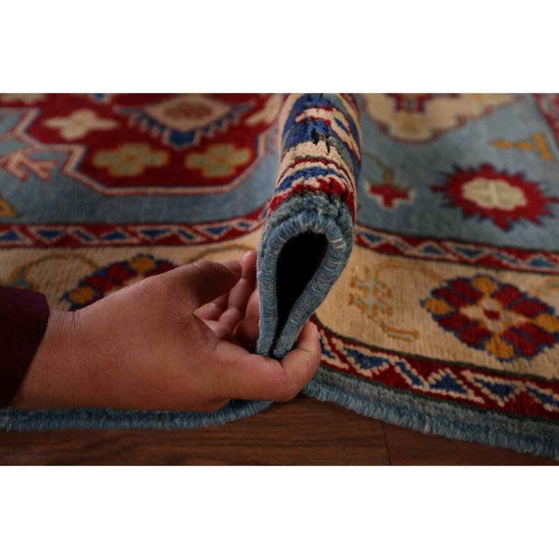 Light Blue Geometric Kazak Oriental Accent Rug Handmade Wool Carpet - 3'6" x 4'11"