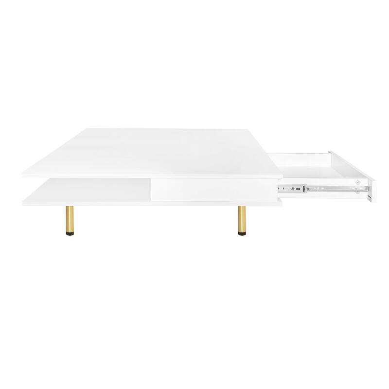 Stylish High Gloss Coffee Table 2 Tier Square Center Table with 4 Gold Legs and 2 Small Drawers, for Living Room