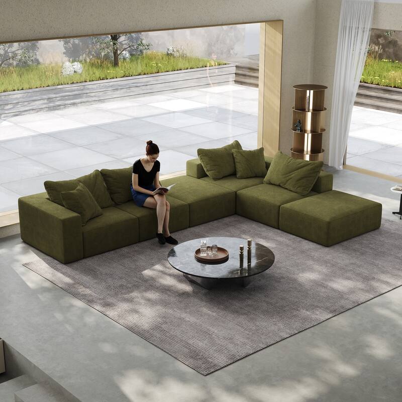 162" L Shaped Sectional Sofa Set, Modern Upholstered Sectional Sofa Couch Set With 6 Pillows for Living Room