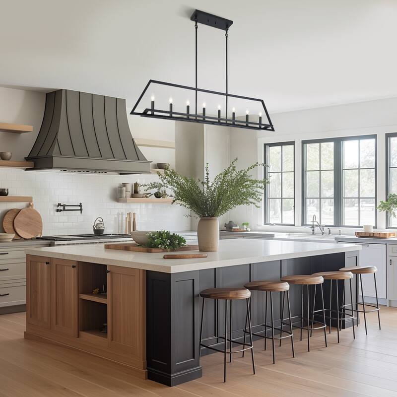 55.1 IN Modern Black Metal 8-Light Linear Geometric Chandelier Kitchen Island Farmhouse Lighting - L55.1" x W7.9" x H11.6"