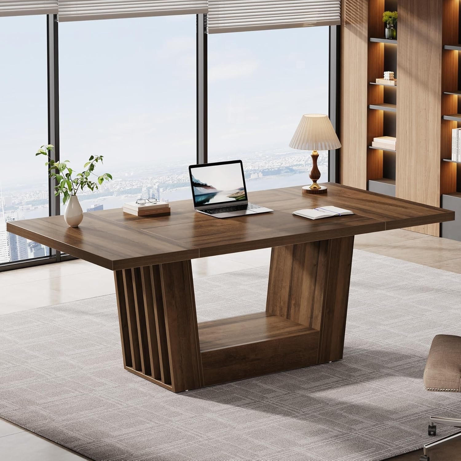 63 Inches Brown Engineered Wood Executive Office Desk, Large Modern Computer Desk with Robust Base for Home Office